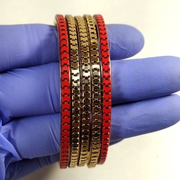 Women's Stunning Set of 5 Dainty Gold-tone & Red Colors Bangle Bracelets - Picture 5 of 8